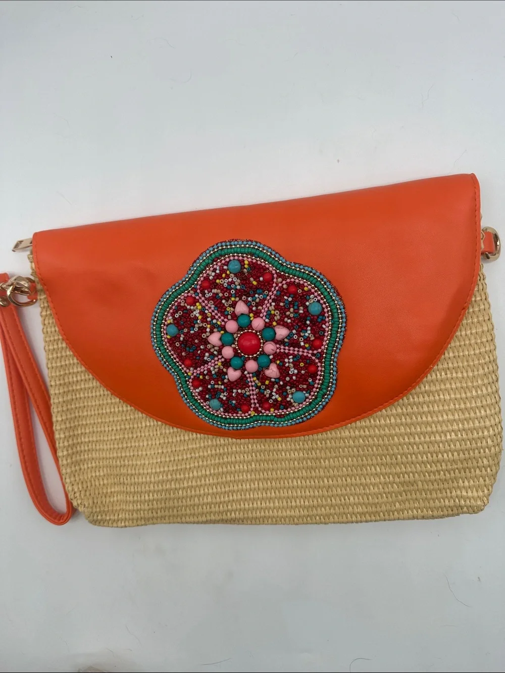 Handcrafted Orange Straw Clutch with Beaded Floral Accent